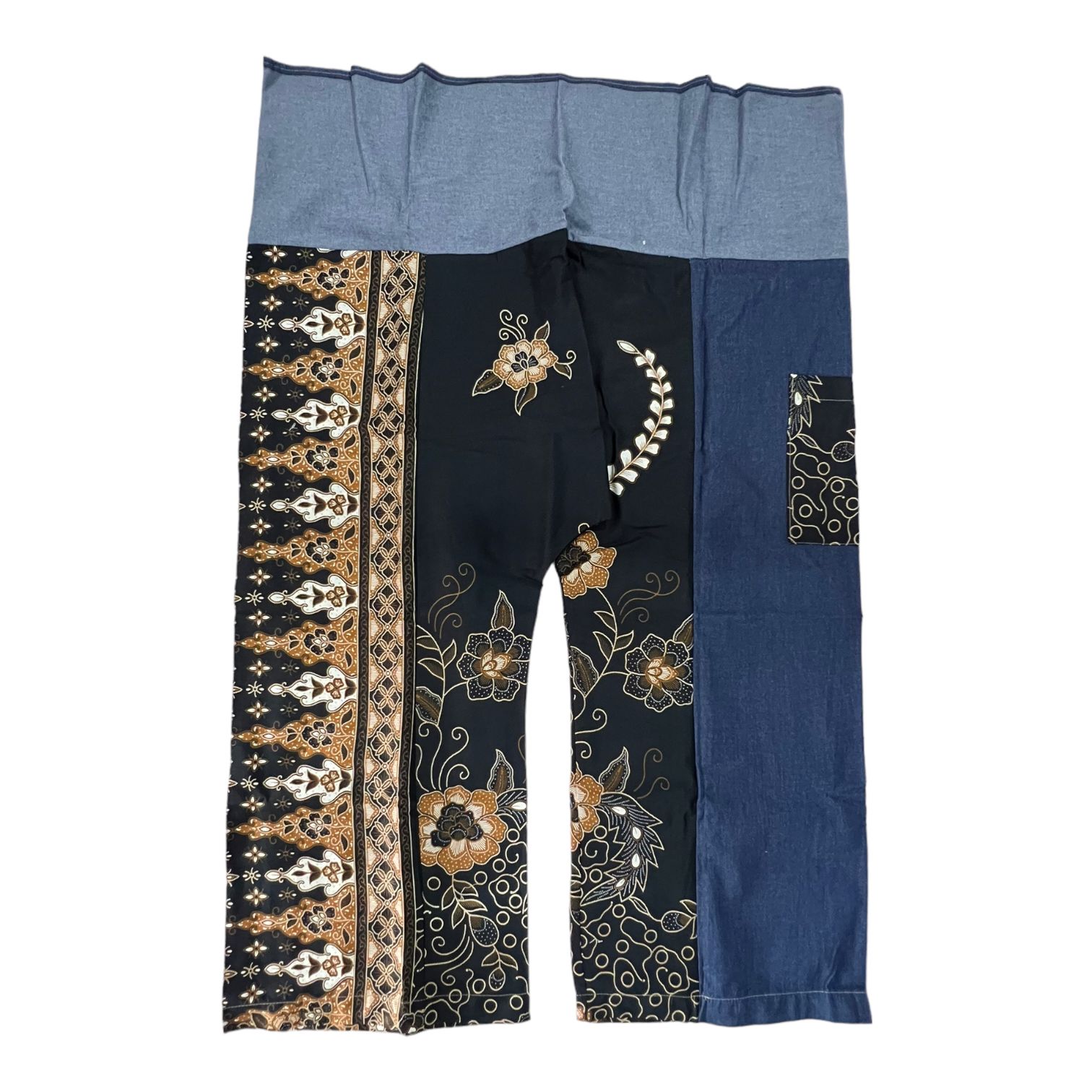 pantalone fisherman in batik thailandese e soft denim Black with golden flowers