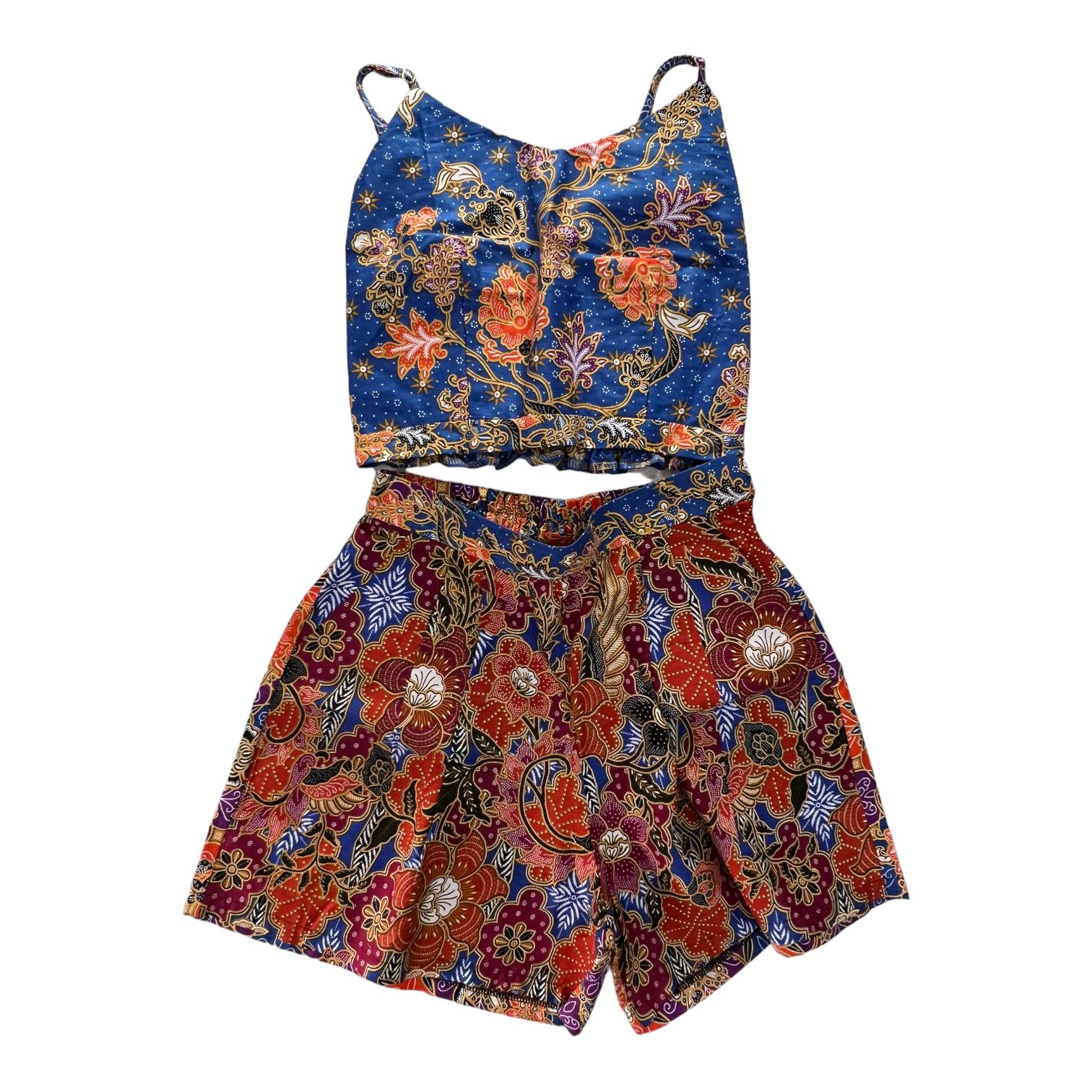  set short pants e top in batik thailandese in 100% cotone Yale blue/Multiorange