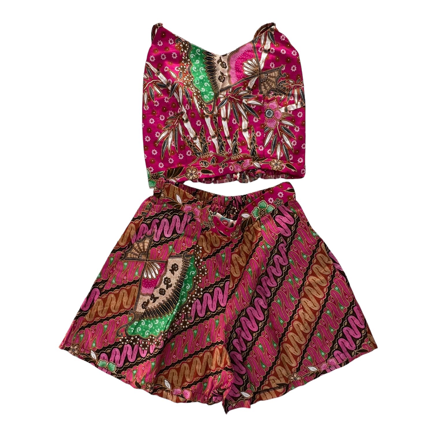  set short pants e top in batik thailandese in 100% cotone Fuchsia rose/Multi-color