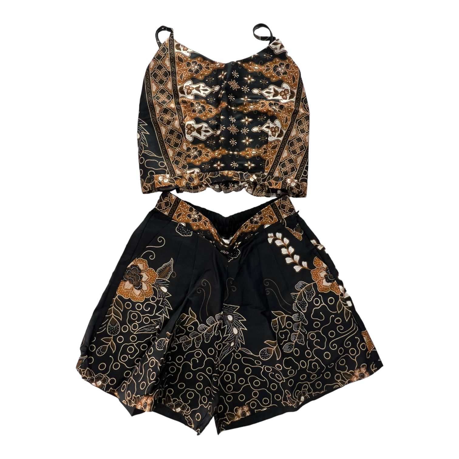  set short pants e top in batik thailandese in 100% cotone Black-gold