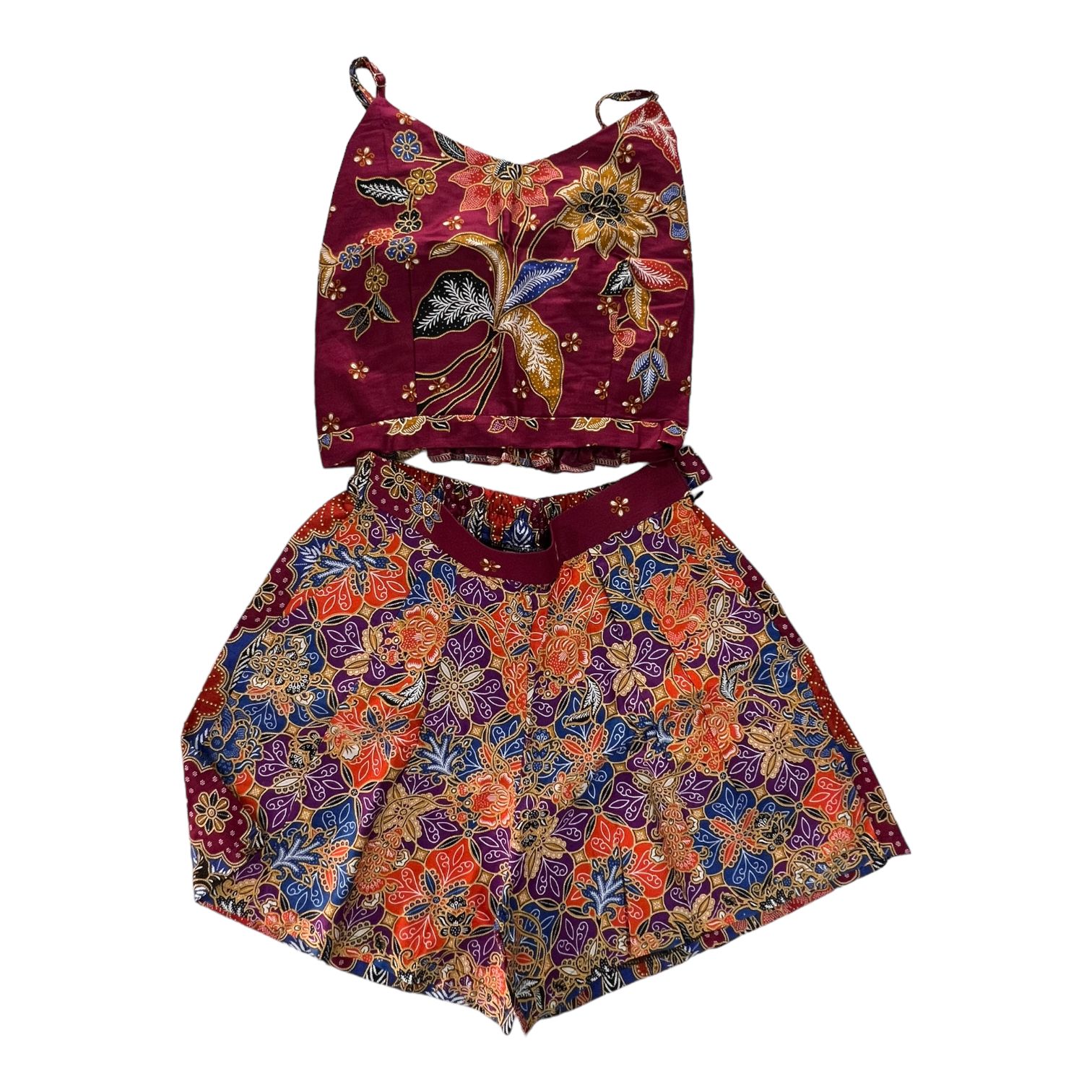  set short pants e top in batik thailandese in 100% cotone Burgundy/Multi-color