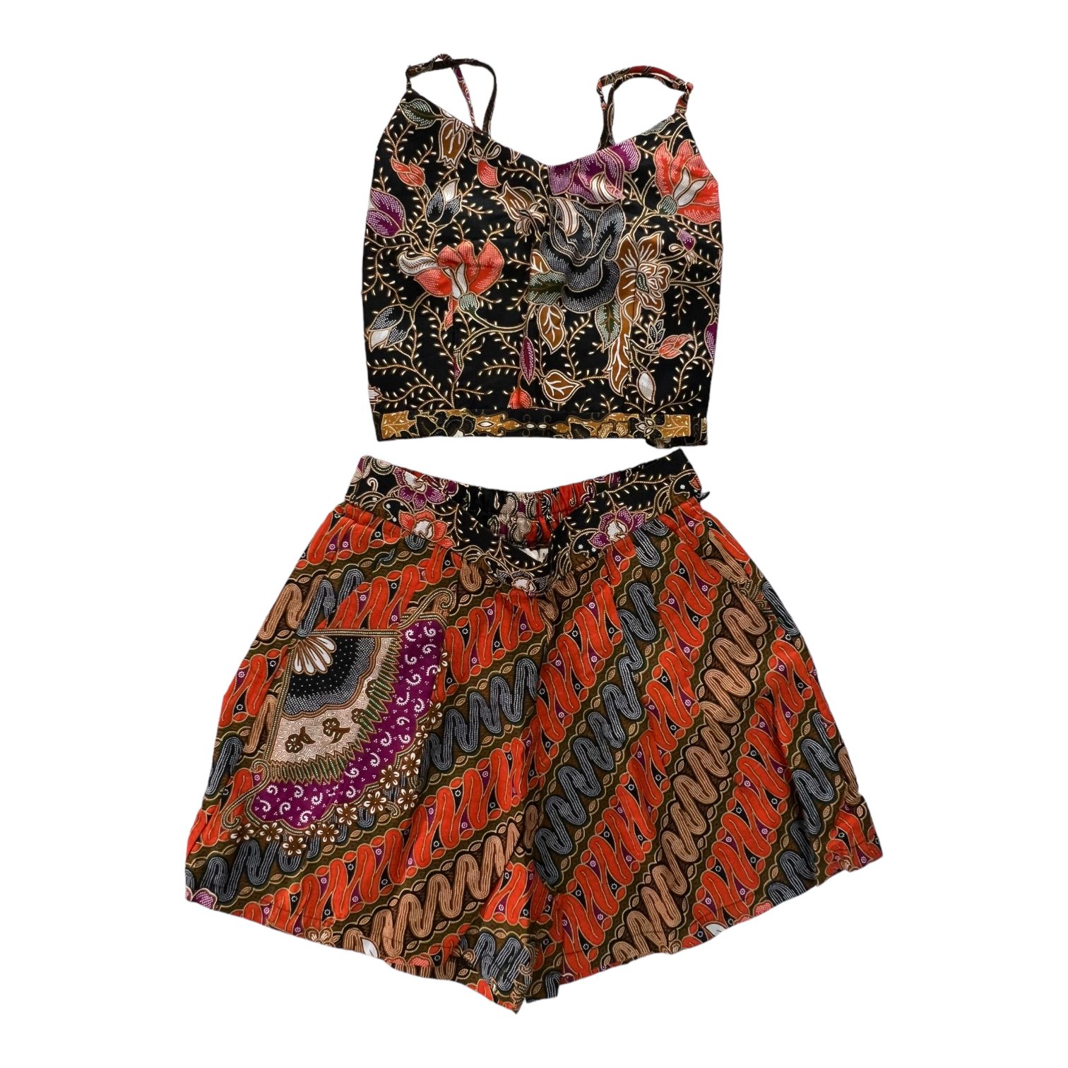  set short pants e top in batik thailandese in 100% cotone Multiblack/Multi-color