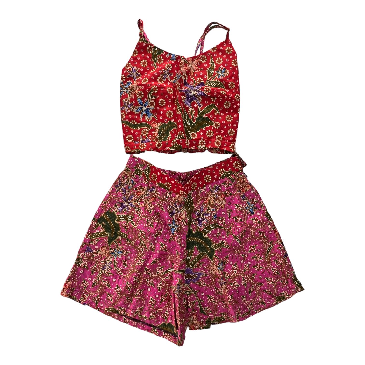  set short pants e top in batik thailandese in 100% cotone Flame scarlet/Cyclamen pink